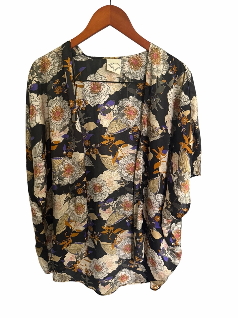 Janetchung Satin Floral Open Blouse Topper S - Picture 2 of 7